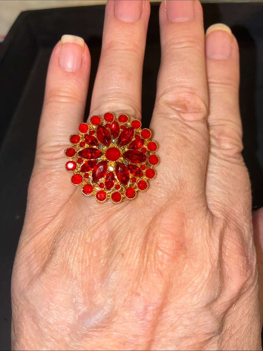 Red Floral Cluster Statement Stretch Ring in Gold Tone